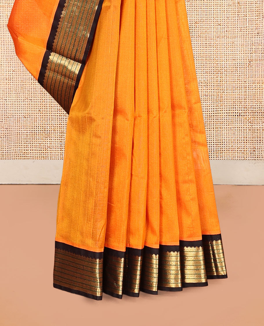 Orange Plain Kuppadam Silk Saree, a Contrast Traditional Zari Border, Grand Pallu, and a Contrast Blouse