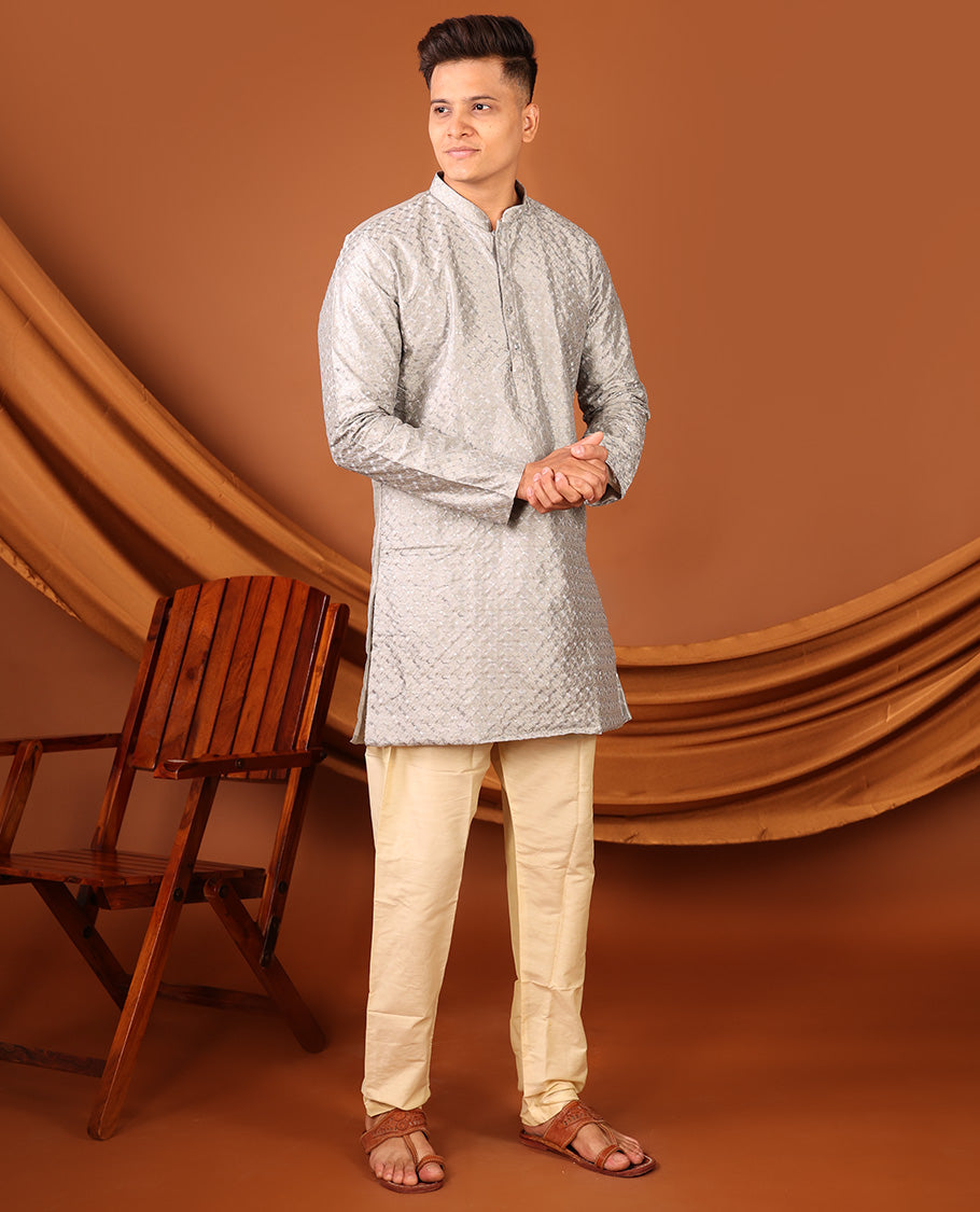 Silver-color Embroidered Full-Sleeved Men's Kurta