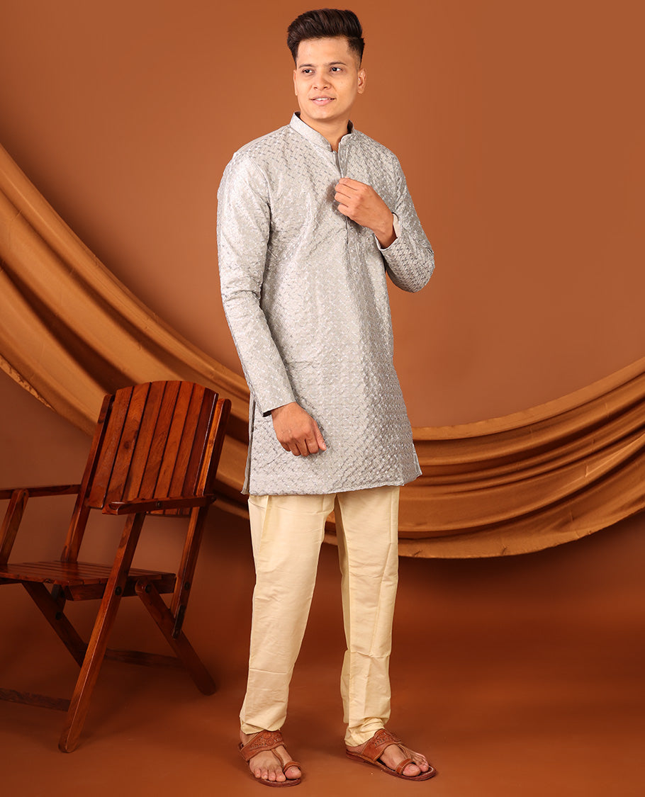 Silver-color Embroidered Full-Sleeved Men's Kurta