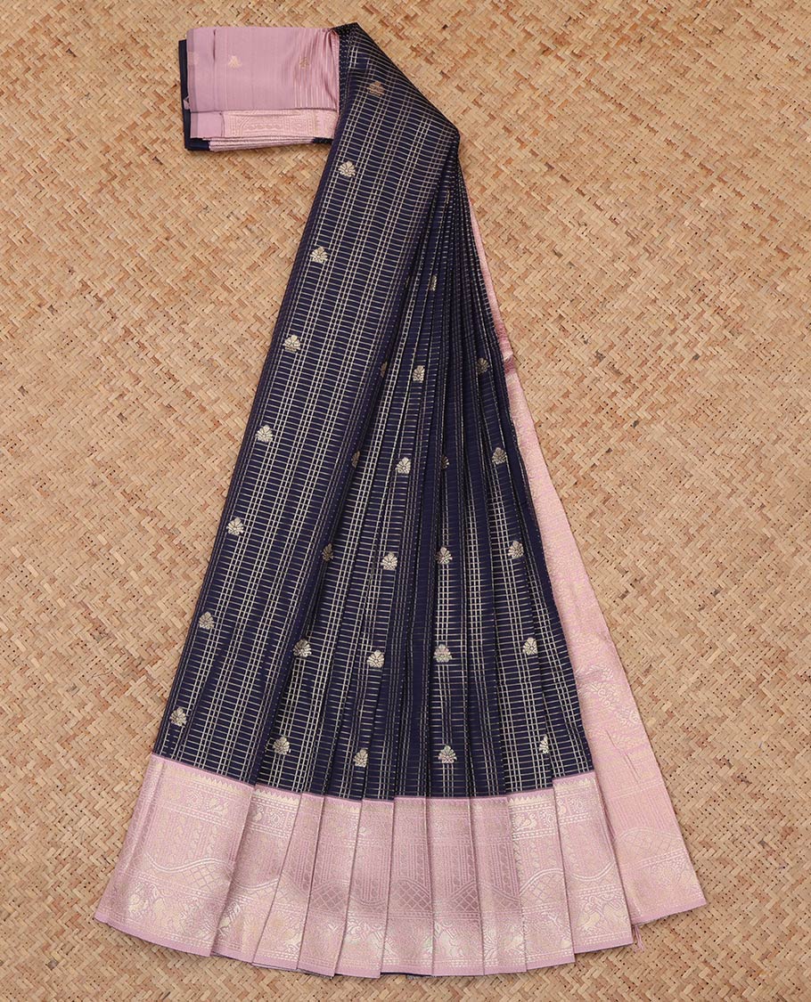 Blue Litchi Saree, Enriched with Zari Buttas and Checks, a Contrast Traditional Zari Border, a Grand Pallu, and a Contrast Blouse
