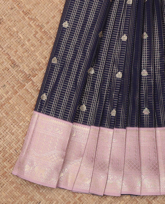 Blue Litchi Saree, Enriched with Zari Buttas and Checks, a Contrast Traditional Zari Border, a Grand Pallu, and a Contrast Blouse