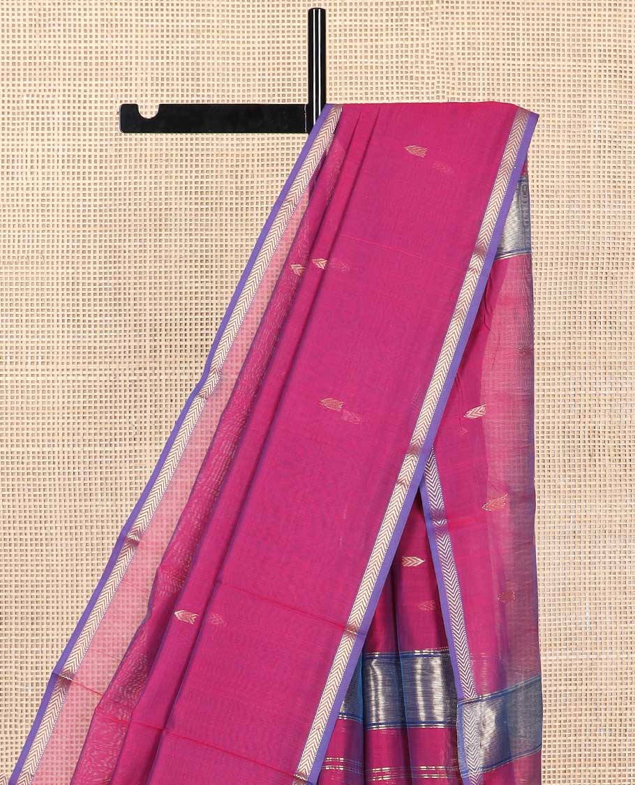 Pink motifs maheshwari cotton saree with contrast zari border & striped, floral design pallu