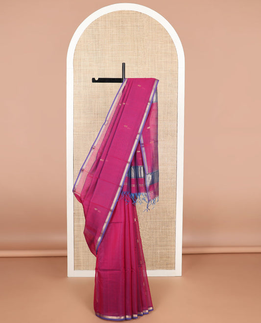 Pink motifs maheshwari cotton saree with contrast zari border & striped, floral design pallu