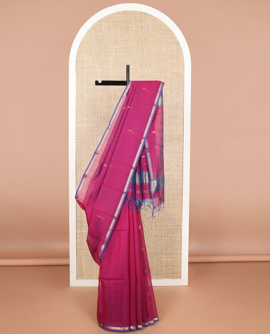 Pink motifs maheshwari cotton saree with contrast zari border & striped, floral design pallu