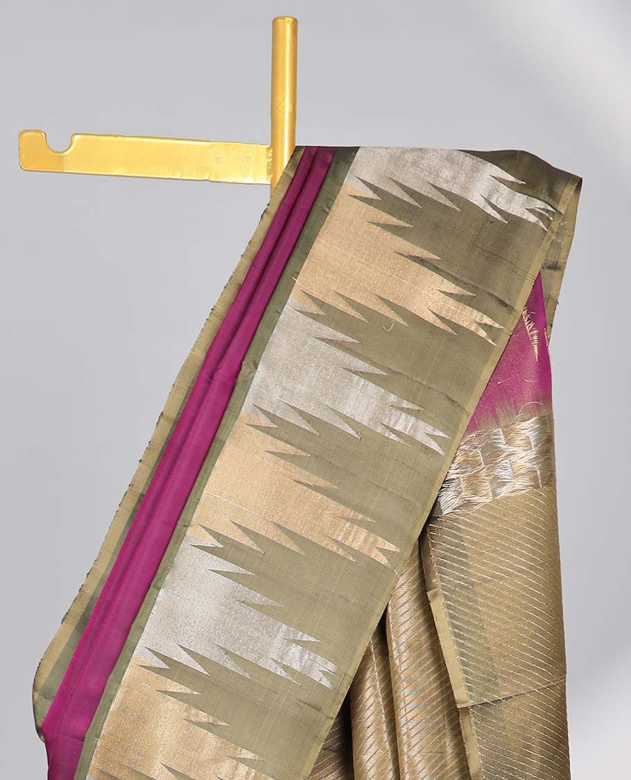 Marron soft silk saree with contrast temple border & striped pallu