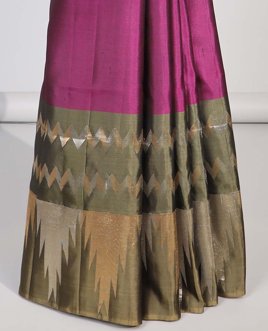 Marron soft silk saree with contrast temple border & striped pallu