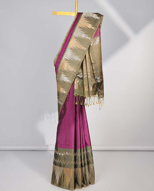 Marron soft silk saree with contrast temple border & striped pallu