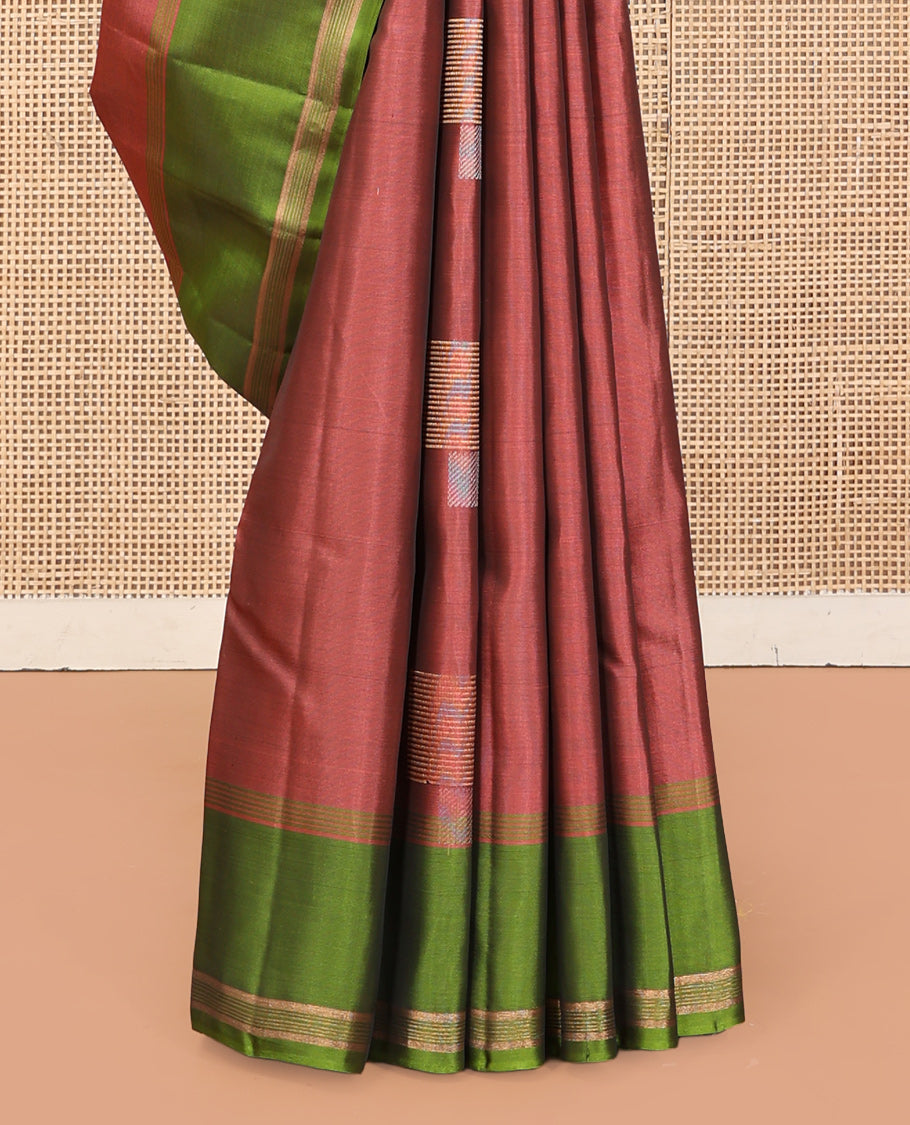 Dark Peach Mayuri Lite Silk Mix Saree, Bedecked with Zari Buttas, Complemented by a Contrast Zari Buttas Border, a Grand Pallu, and a Contrast Blouse
