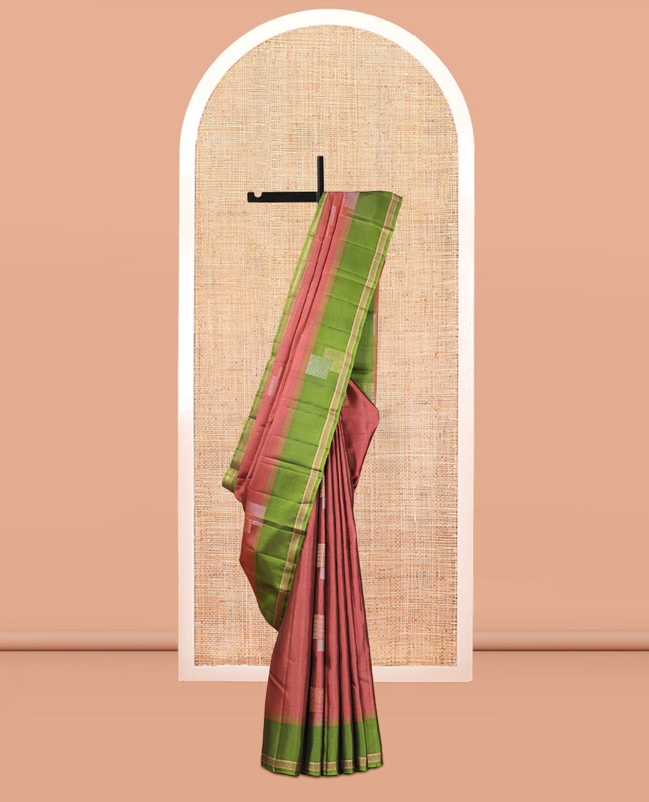 Dark Peach Mayuri Lite Silk Mix Saree, Bedecked with Zari Buttas, Complemented by a Contrast Zari Buttas Border, a Grand Pallu, and a Contrast Blouse