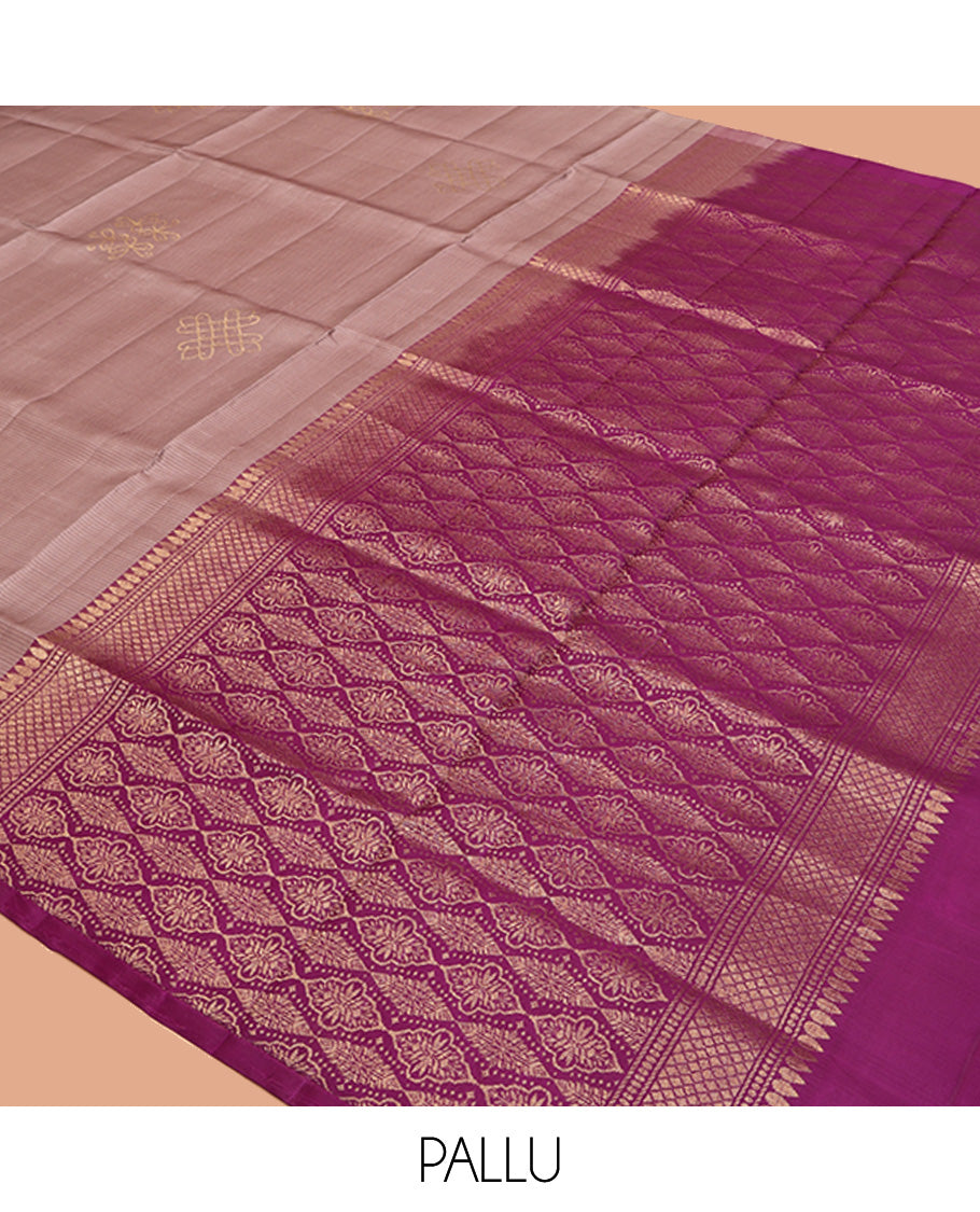 Borderless Brown Mayuri Soft Silk Saree, Woven with Kolam Buttas and Stripes, Complemented by a Contrast Intricately Designed Pallu and a Contrast Blouse