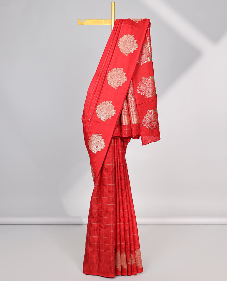 Red checked mushru silk saree with self floral motifs border & intricate zari pallu