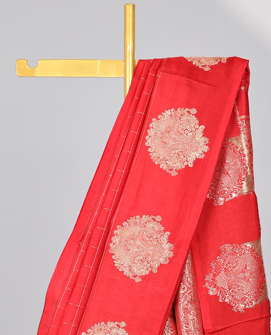 Red checked mushru silk saree with self floral motifs border & intricate zari pallu