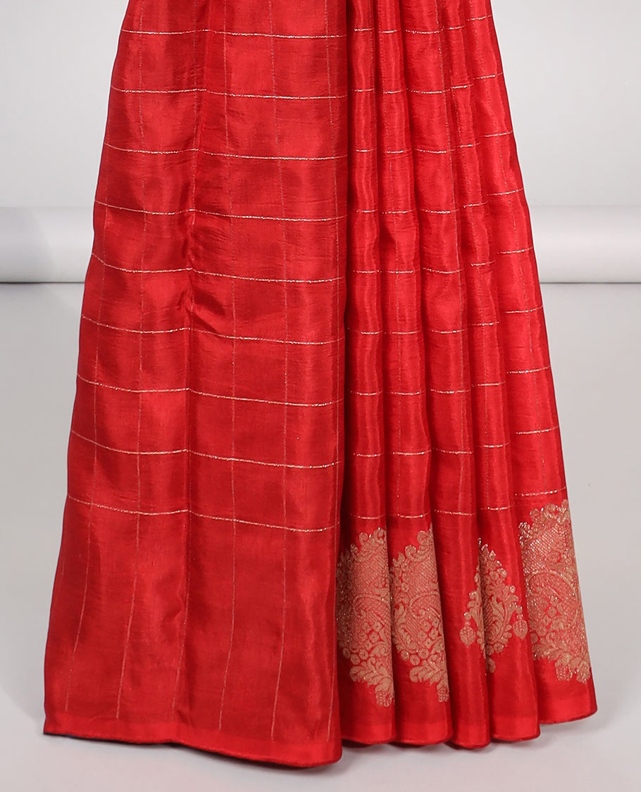 Red checked mushru silk saree with self floral motifs border & intricate zari pallu
