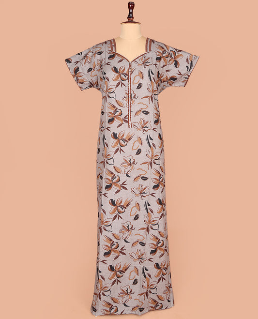 Grey Cotton Nighty Decorated with Floral Print, Featuring Lace Work, Sweetheart Front Neck, and Half  Sleeves
