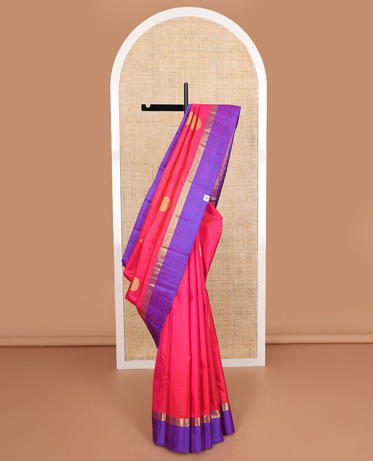 Red leaf design silk saree with contrast border of muthu, kathir design & jaal design pallu