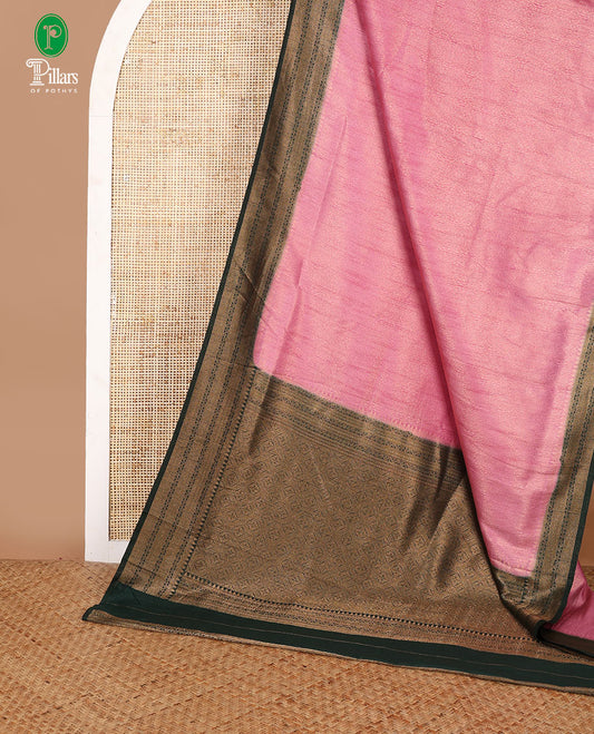 Onion pink with green zari weaving banaras softy saree with jacquard border & rich weaving pallu along with brocade blouse