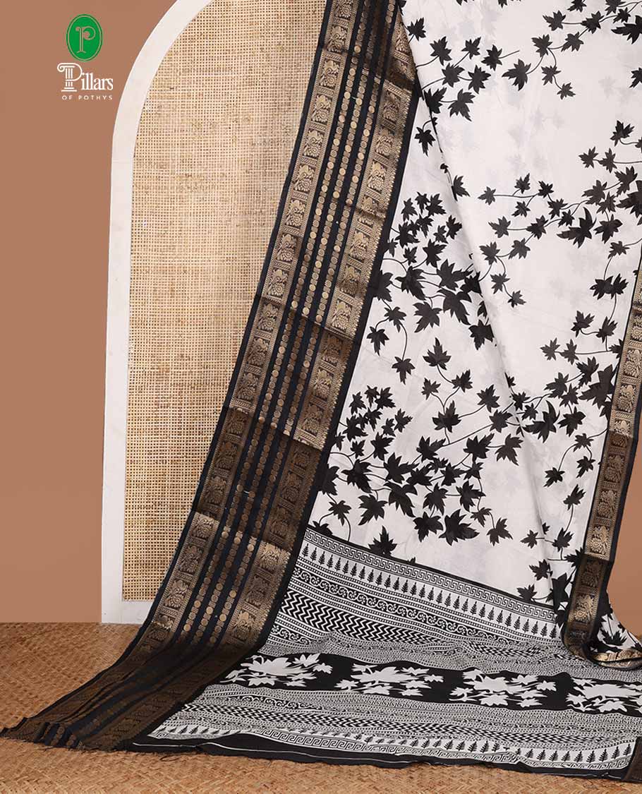 White with black leaf printed dola silk saree with annam, rudraksh design border & plain blouse