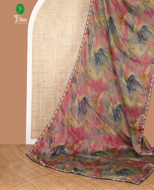 Green digital print chiffon shimmer saree with lace border & self pallu along with printed blouse