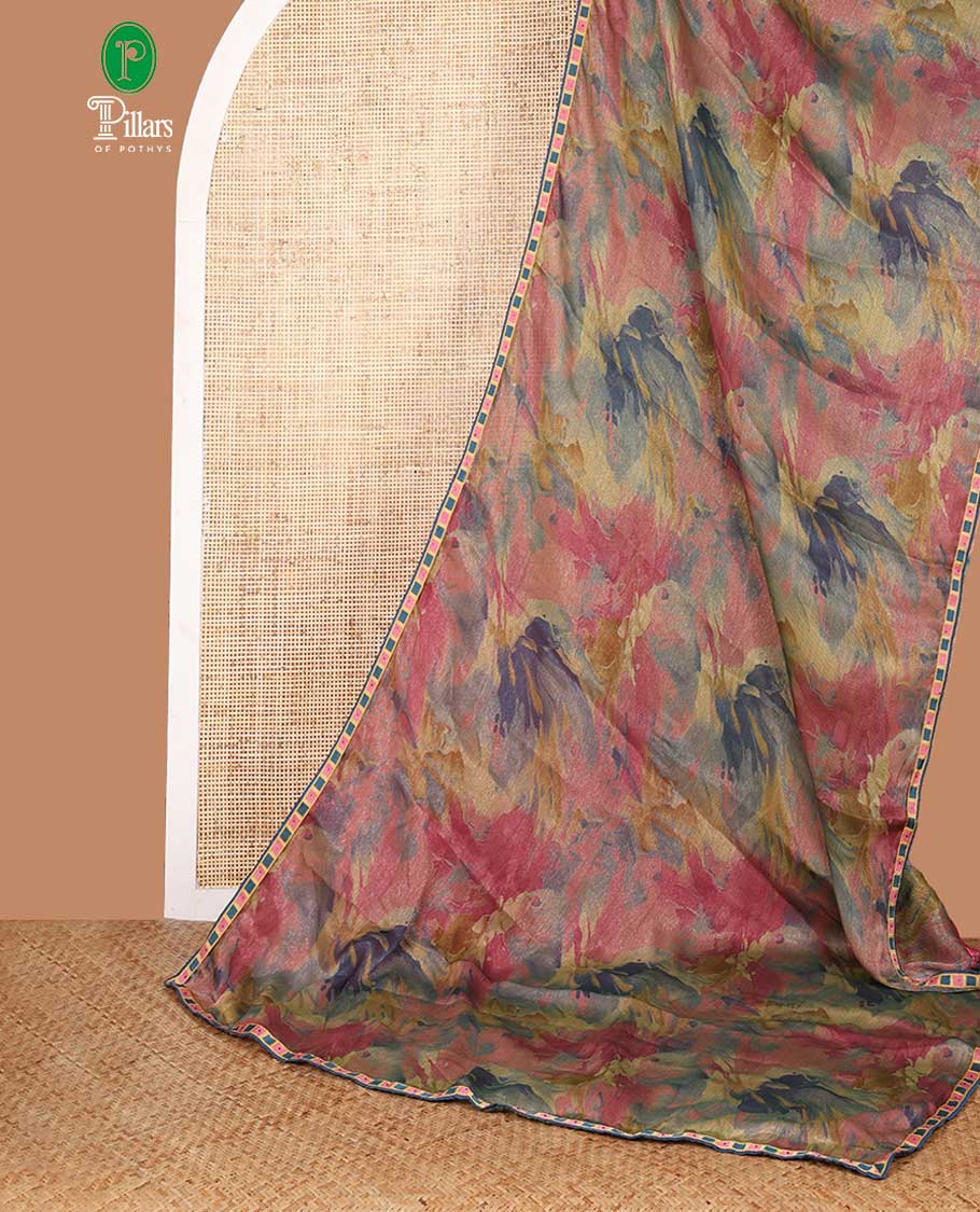 Green digital print chiffon shimmer saree with lace border & self pallu along with printed blouse
