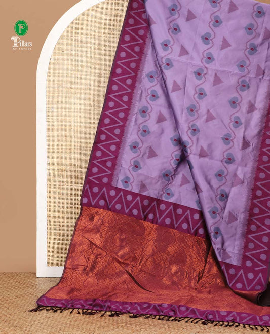 Violet unique motifs thread weave pochampally ikat mulberry silk saree, contrast chevron & polka dot border and zari-rich intricate pallu