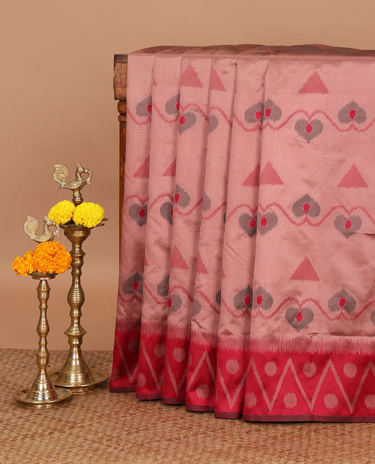 Pink unique motifs thread weave pochampally ikat mulberry silk saree, contrast chevron & polka dot border and zari-rich intricate pallu