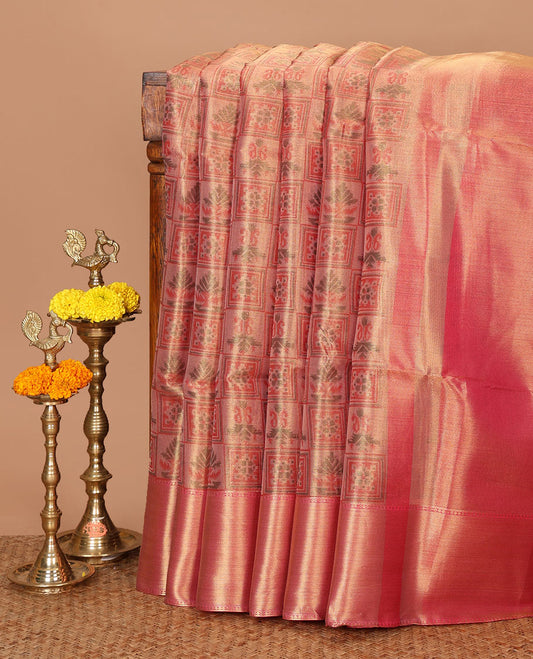 Pink butta enclosed checks screen-printed banaras tissue saree, zari bavanji border, brocade weave pallu & contrast brocade blouse