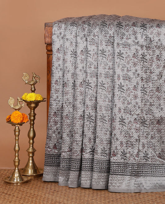 Grey warli-village theme printed litchi crushed saree, printed border, self-pallu & small butta printed blouse