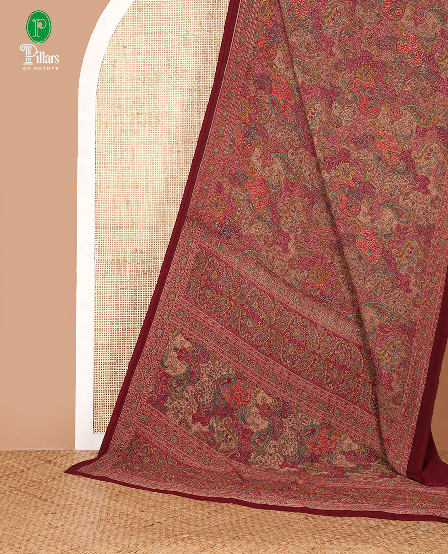 Chikku intricate paisley printed kimaya saree, floral printed border, paisley printed pallu & contrast printed blouse