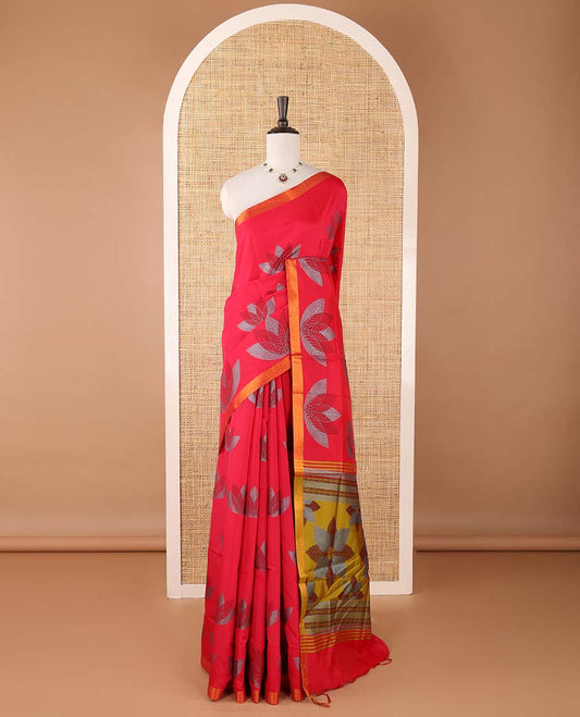Pink leaf motifs printed micro-silk saree, zari border, contrast eight-petal-like leaf printed pallu & plain green blouse