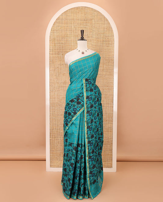 Green zari checked & floral printed sungudi cotton saree, piping zari border,self-pallu & matching blouse of zari & floral print work