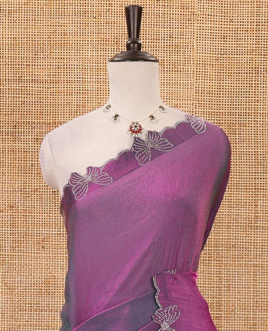 Violet full-plain Fendi chiffon saree, scallop butterfly-style Swarovski stone work border & stone work matching blouse