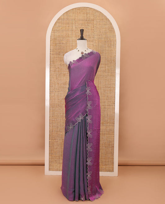 Violet full-plain Fendi chiffon saree, scallop butterfly-style Swarovski stone work border & stone work matching blouse