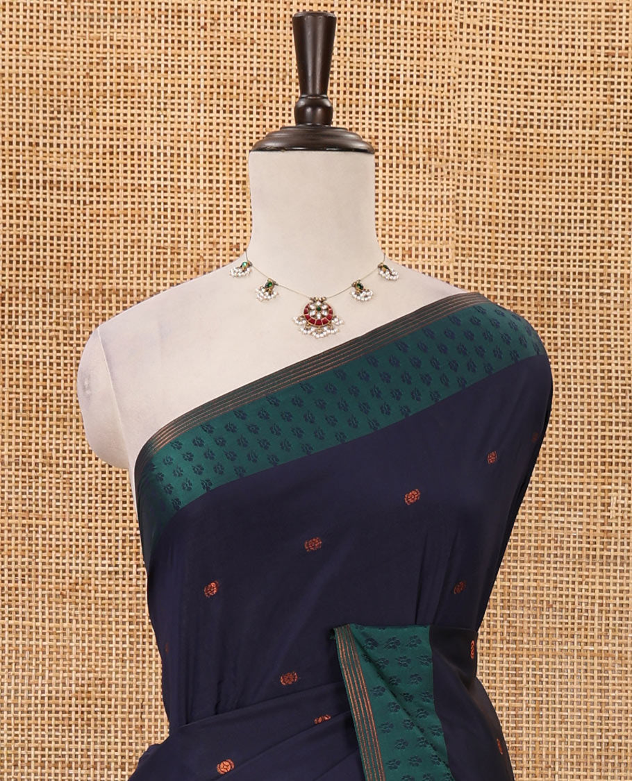Navy blue  thread buttas semi-soft saree, contrast flower motifs border, contrast striped pallu & contrast buttas blouse