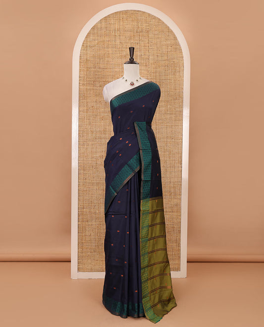 Navy blue  thread buttas semi-soft saree, contrast flower motifs border, contrast striped pallu & contrast buttas blouse