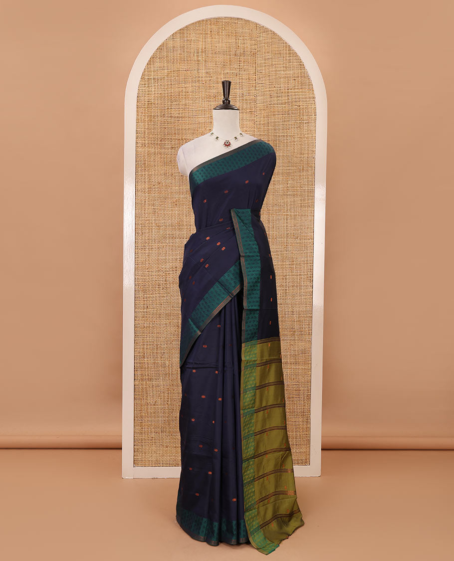 Navy blue  thread buttas semi-soft saree, contrast flower motifs border, contrast striped pallu & contrast buttas blouse