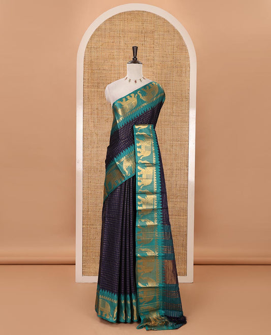 Navy blue checked semi-tafeta saree, contrast temple zari elephant motifs border, striped pallu & matching checked zari border blouse