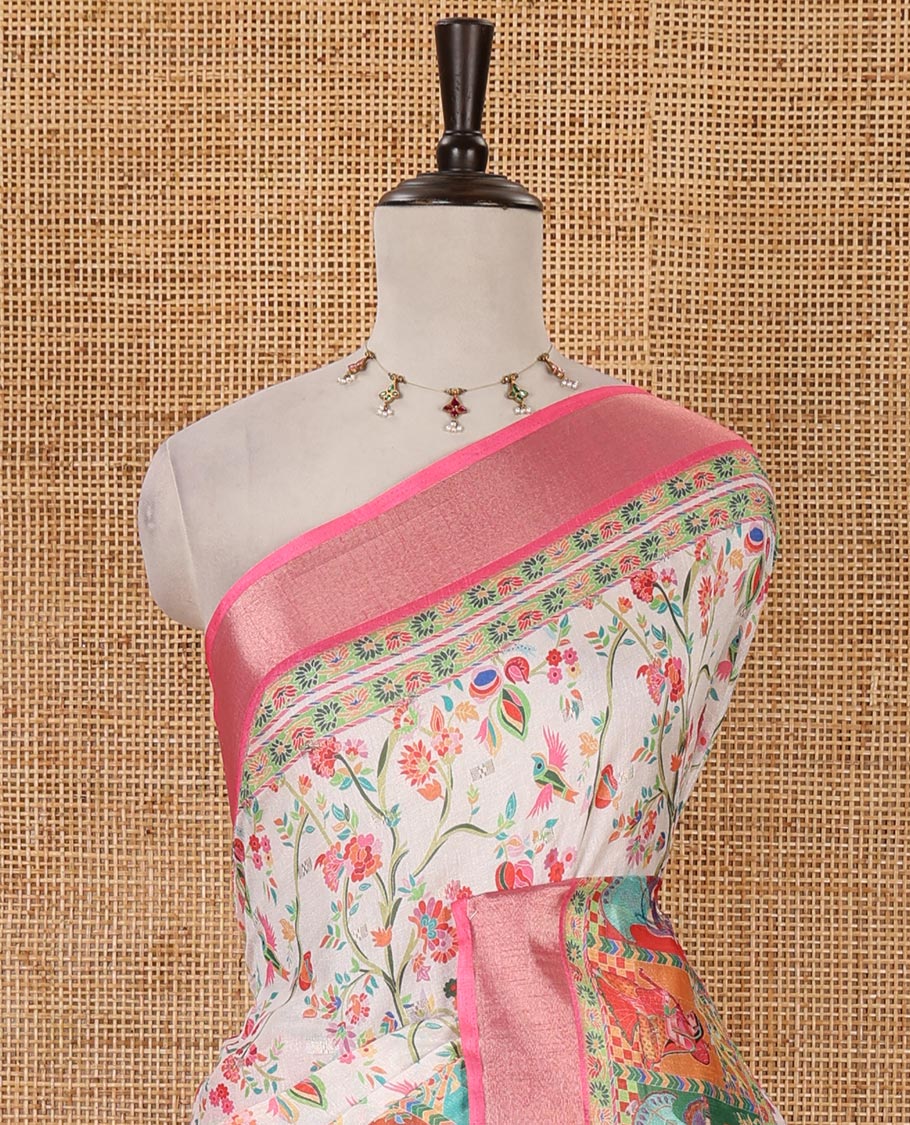 Half-white floral printed spun cotton saree, contrast bavanji border of Radha motifs print, position printed pallu & contrast zari buttas blouse