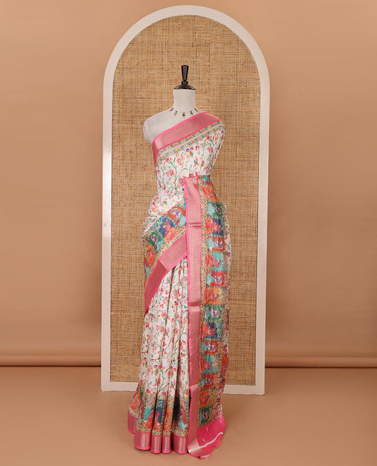 Half-white floral printed spun cotton saree, contrast bavanji border of Radha motifs print, position printed pallu & contrast zari buttas blouse