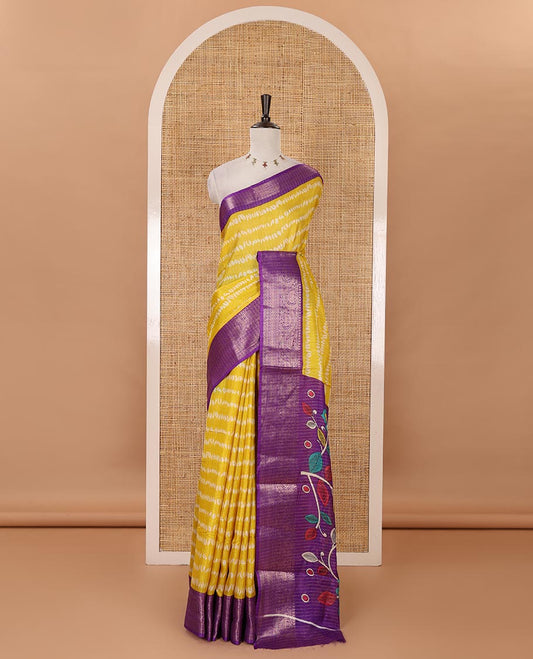 Yellow zari striped & uniquely printed soft tusser saree,contrast traditional zari border,kalamkari floral print pallu & zari design blouse