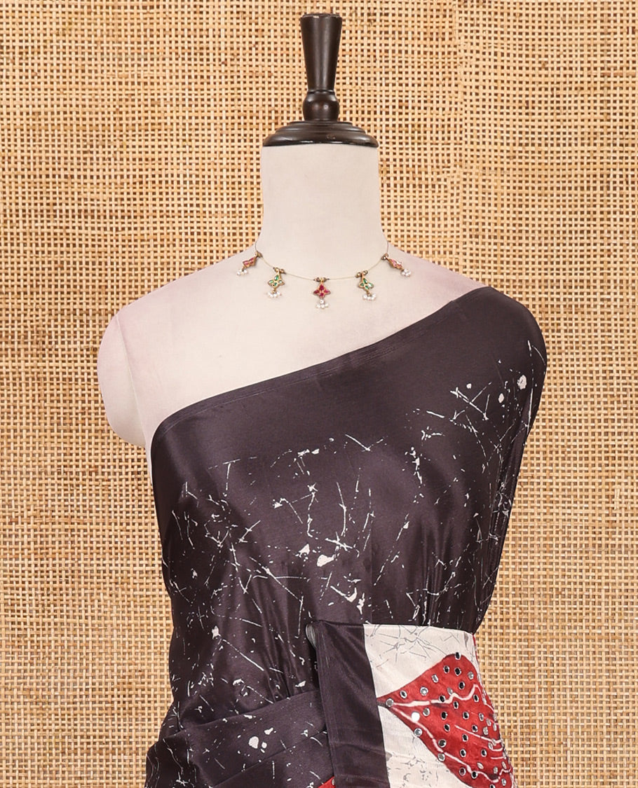 Brown batik-style floral printed & mirror embroidered masakali saree, printed border & pallu of mirror embroidery work