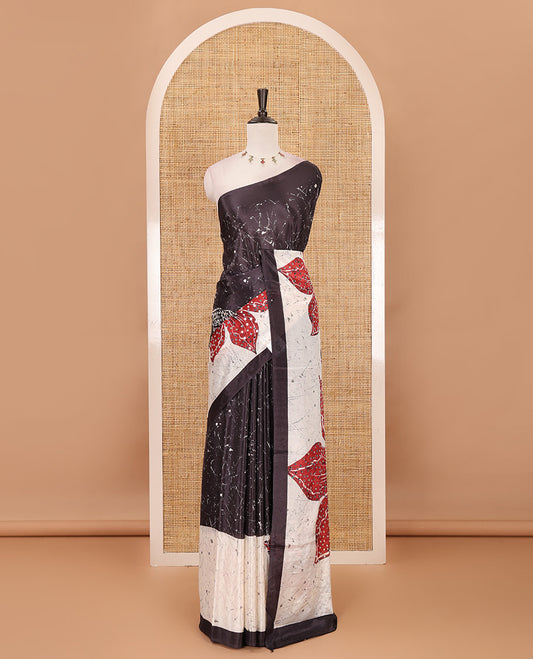 Brown batik-style floral printed & mirror embroidered masakali saree, printed border & pallu of mirror embroidery work
