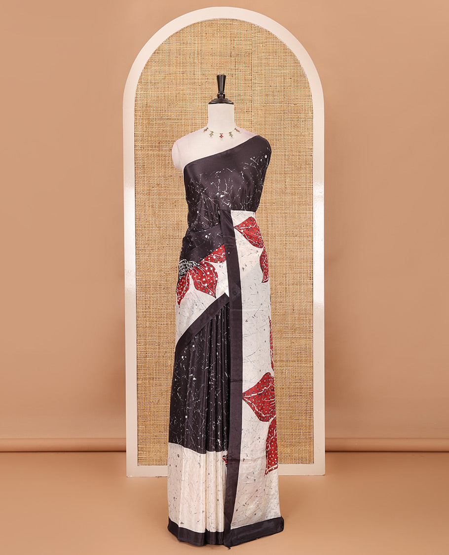 Brown batik-style floral printed & mirror embroidered masakali saree, printed border & pallu of mirror embroidery work