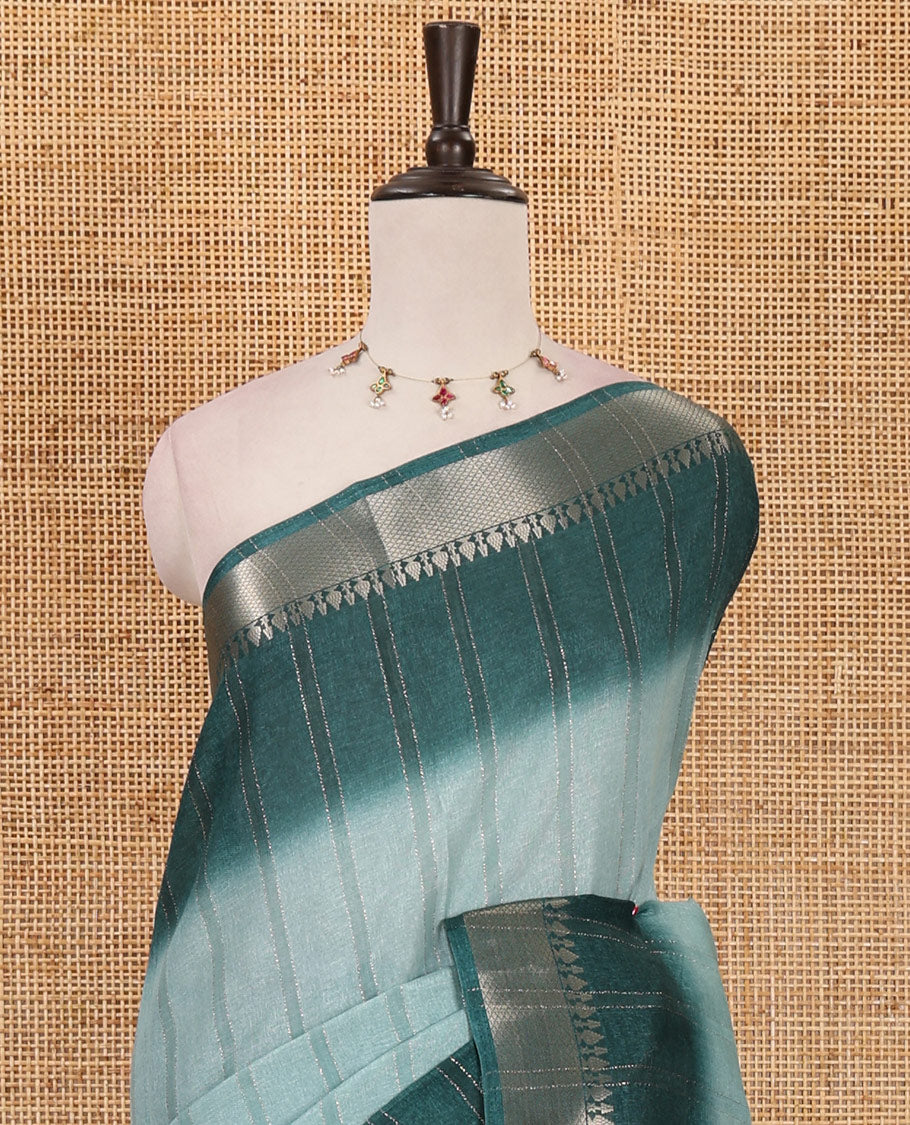 Blue ombre vertical striped Manipuri tussar saree, contrast traditional zari border, striped pallu & running blouse