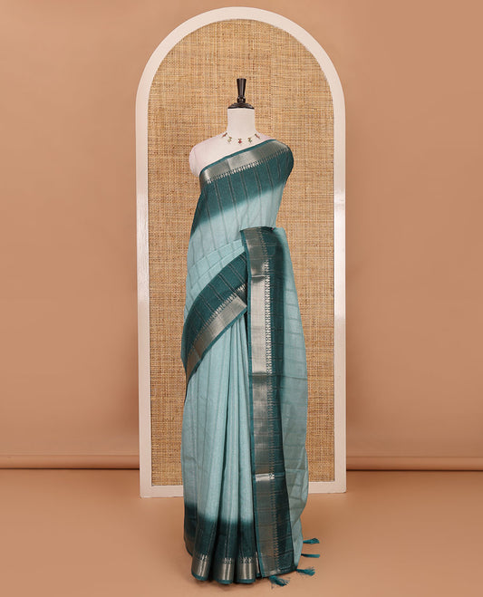 Blue ombre vertical striped Manipuri tussar saree, contrast traditional zari border, striped pallu & running blouse