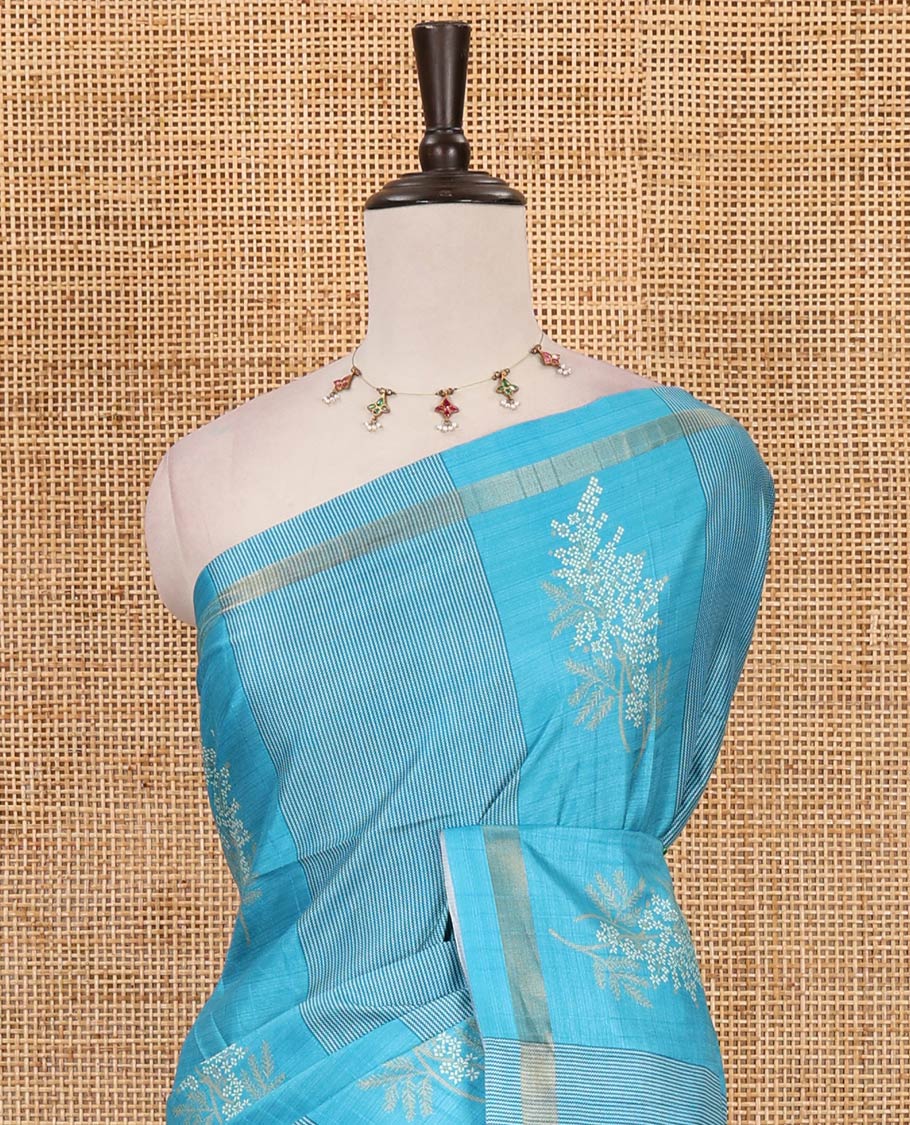 Blue vertical striped & floral motifs Katan silk saree, zari piping border & pallu of yaali & jaal motifs