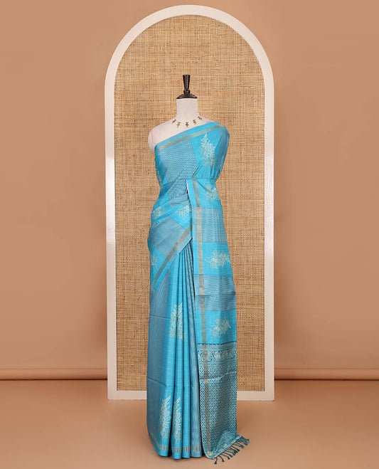 Blue vertical striped & floral motifs Katan silk saree, zari piping border & pallu of yaali & jaal motifs