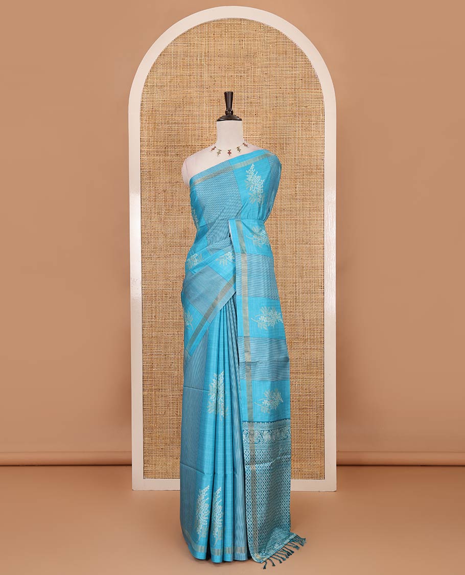 Blue vertical striped & floral motifs Katan silk saree, zari piping border & pallu of yaali & jaal motifs
