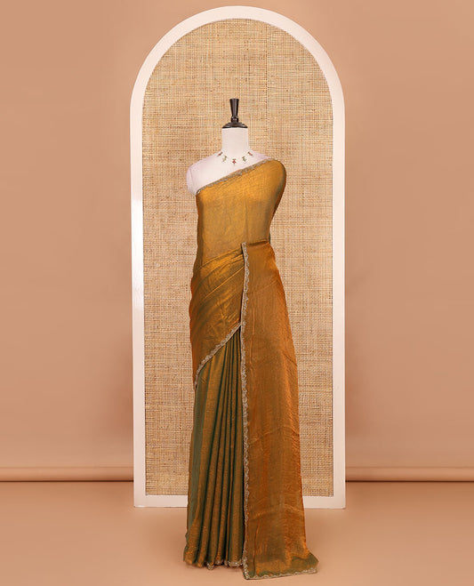 Mehendi green full-plain fendy chiffon saree, hand kardana embroidered border & contrast violet plain blouse with kardana embroidered border