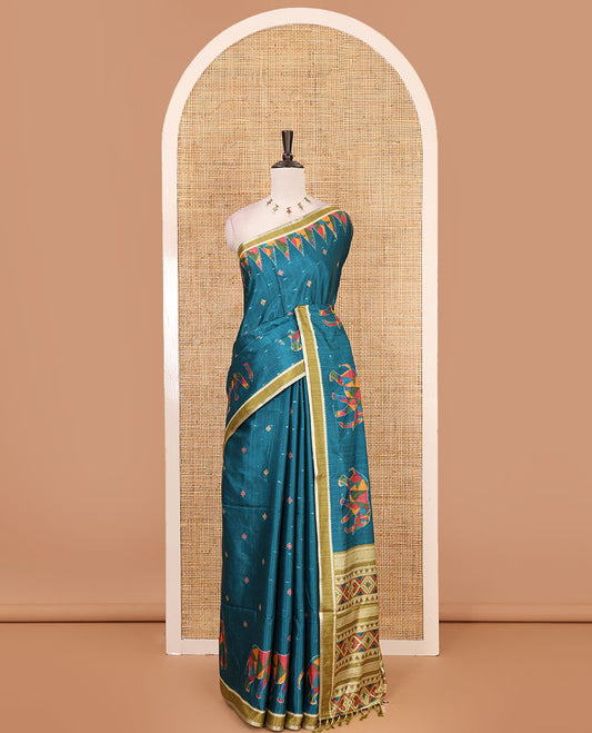 Rama green buttas & kaleidoscope color elephant motifs printed katan silk saree, contrast multi-hue temple motif border, ikkat geometric print pallu & contrast printed blouse