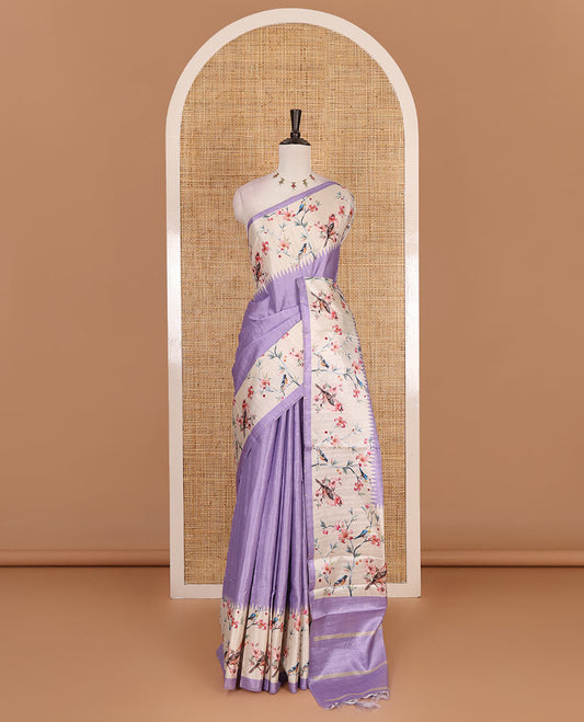 Lavender gold zari dotted buttas semi tussar saree, contrast temple border of floral vine, and sparrow motifs digital print, striped pallu, and printed blouse